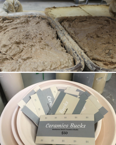 Top picture: Tubs of clay and slip Bottom Picture: Ceramics Bucks in a Bowl