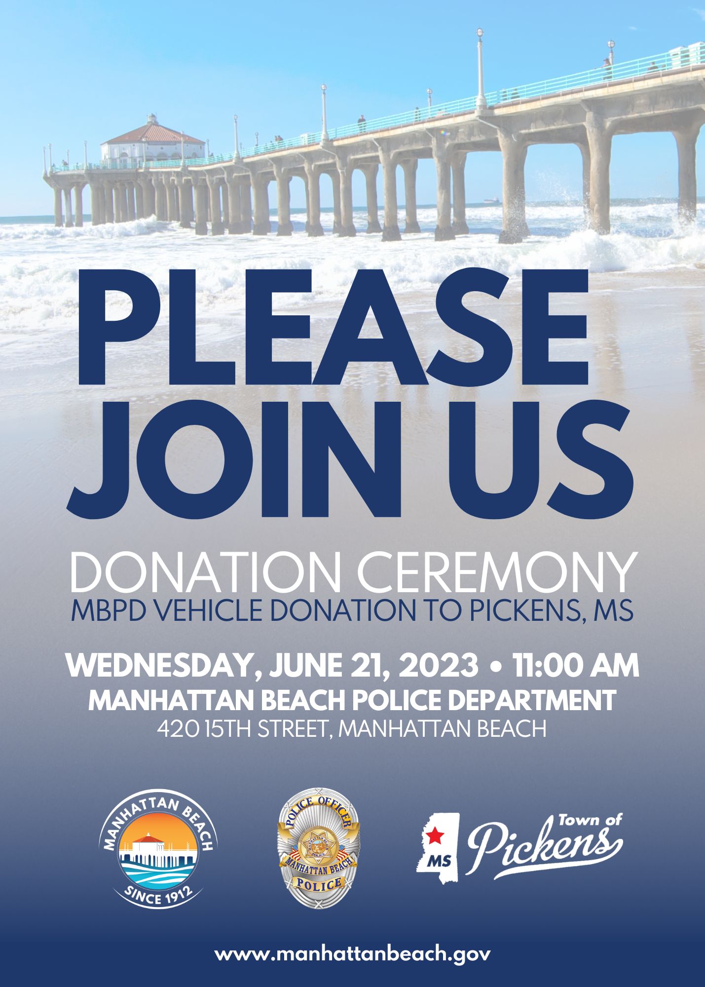 Donation Ceremony Invitation - Manhattan Beach Police Department vehicle donation to the Town of Pickens, MS 